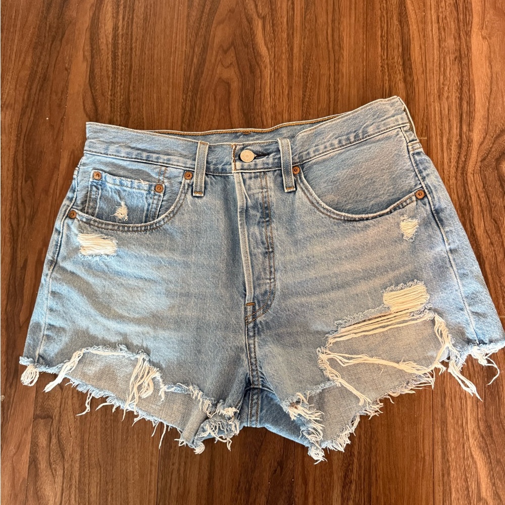 Levi's 501 Light Blue Distressed Denim Cutoff Shorts